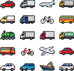 Pixel art style drawing of 10 types of transportation set, dot design, 16-bit resolution