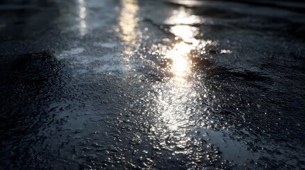 The wet pavement glistens after the rain, with light reflecting off the surface, creating a beautiful and reflective scene