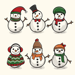 Adorable Christmas Snowmen Vector, Hand drawn snowman character set, Hand Drawn Snowman