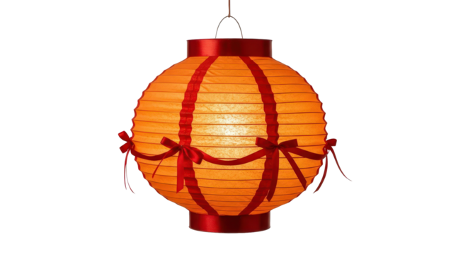 Orange paper lantern with red ribbons isolated on transparent background