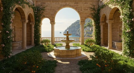 Fototapeta premium Stone courtyard with central fountain overlooks sunlit coastal landscape through arches