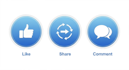 Set of three different buttons — like, share, and comment isolated on white background, modern social media UI elements symbolizing engagement, communication, networking, and digital interaction desig