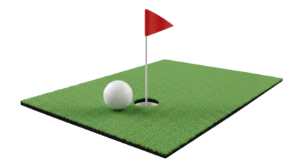 Golf hole with flag and ball on green grass isolated on transparent background