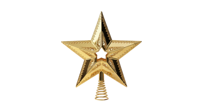 Golden star christmas tree topper isolated on transparent background