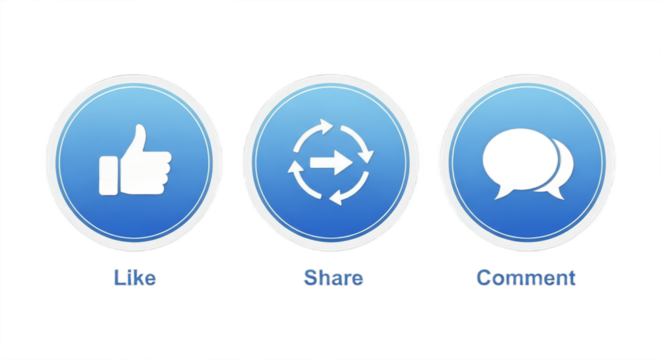 Set of three different buttons — like, share, and comment isolated on white background, modern social media UI elements symbolizing engagement, communication, networking, and digital interaction desig - Powered by Adobe