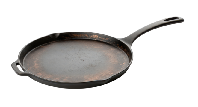 Old cast iron skillet cooking pan isolated on transparent background