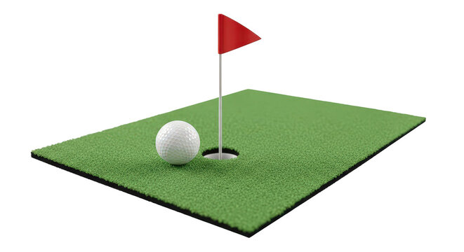 Golf hole with flag and ball on green grass isolated on transparent background