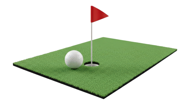 Golf hole with flag and ball on green grass isolated on transparent background
