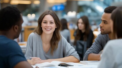 Group of diverse young adults studying together in library setting - Powered by Adobe