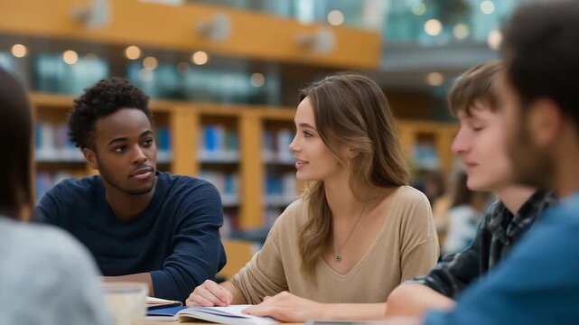 Diverse young adults engaging in collaborative study session at library