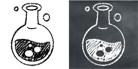 Chalk handdrawn round flask vector for chemistry, science, and laboratory work with a sketchy, handwritten feel. Perfect for illustrating experimentation, research, and scientific concepts.