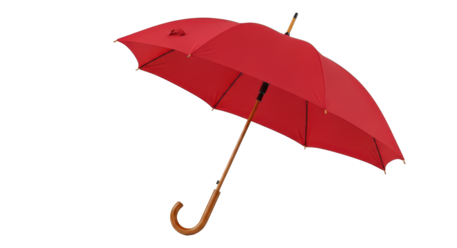 Classic red umbrella with wooden handle isolated on transparent background