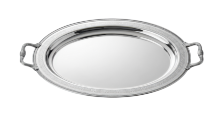 Ornate silver serving tray with handles isolated on transparent background