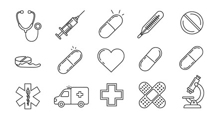 Medical and Health Care Icons Stethoscope, Syringe, Pills, Heart, Bandages, Ambulance, Microscope, Thermometer and More - Symbolizing Health and Wellness