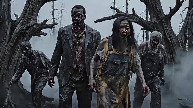 Menacing horde of undead shambling through a misty, desolate swamp