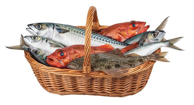 Freshly caught fish in a wicker basket isolated on transparent background