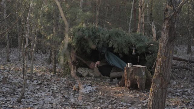 Man Wakes Up in Pine Branch Shelter in the Forest, Survivor waking up inside handmade pine shelter in peaceful forest morning light