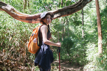 Woman hiking in forest, enjoying nature and adventure