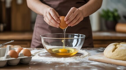 Chef Cracking Egg into Bowl While Making Dough – Homemade Baking and Cooking Process Concept