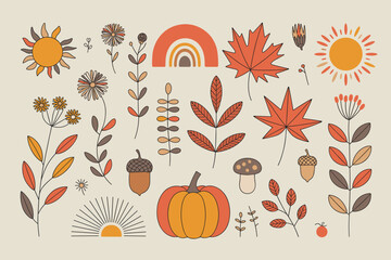 Minimal Boho Fall Clipart – Pumpkin, Rainbow & Leaf Vector Set