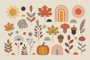 Minimal Boho Fall Clipart – Pumpkin, Rainbow & Leaf Vector Set