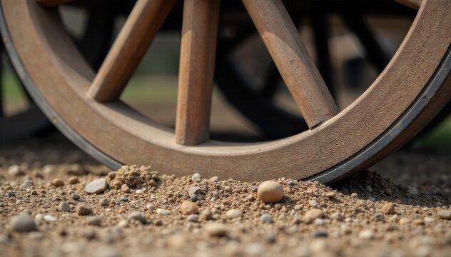 A close up of a rough hewn wooden cart wheel resting on a pile of excavated earth and rock, signifying arduous labor. A tight, detailed close up shot of a rough hewn, weathered wooden cart wheel. The
