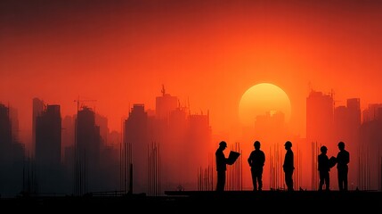 Fototapeta premium City Sunset Silhouette: A group of individuals stand in silhouette against a fiery sunset, the cityscape creating a striking contrast and atmosphere of contemplation or planning.