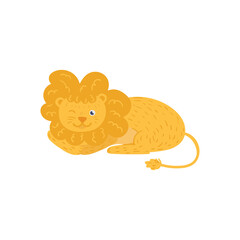 Yellow cartoon lion winking with blue eye lying down on transparent background in daylight