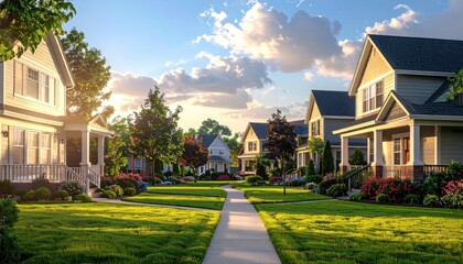Charming Suburban Street Lined With Victorian Style Homes Under a Warm Golden Hour Sunset Sky With Fluffy Clouds and Lush Green Lawns
