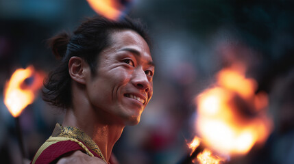 Joyful performer showcasing incredible fire artistry and a radiant smile at the lively Daidogei World Cup, Japan, illuminating the night with cultural spectacle and captivating energy