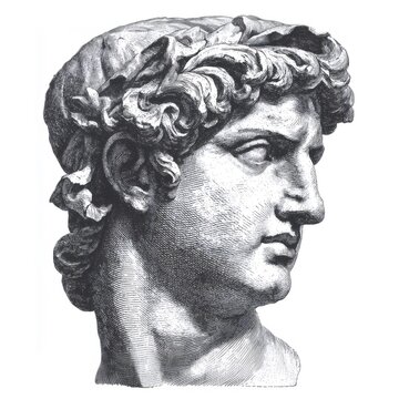 Head of man sculpture with a wreath. Classic bust of Roman emperor in intaglio woodcut style for history, art and ancient culture concept.