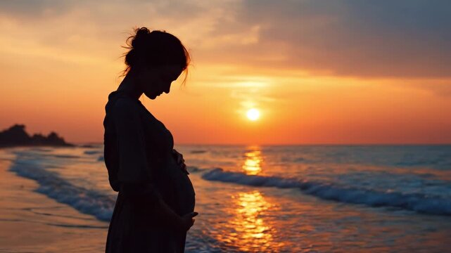 A serene silhouette of a pregnant woman stands peacefully on a tranquil beach, gently cradling her belly. The breathtaking golden hour sun dips below the horizon, casting vibrant orange and yellow ref