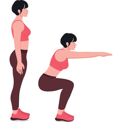 Woman Performing Squat Exercise Two Poses Standing and Crouching Pink Sports Bra Burgundy Leggings and Sneakers White Background Athletic Woman Fitness Routine