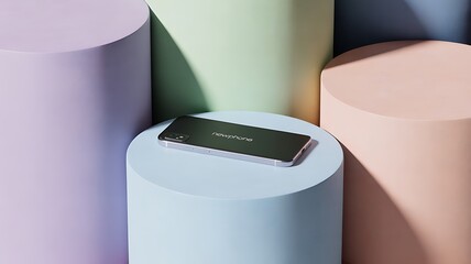 Modern smartphone displayed on a pastel cylindrical pedestal surrounded by soft colored pillars