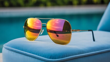 Stylish aviator sunglasses with colorful reflections resting on a plush blue chair by the pool