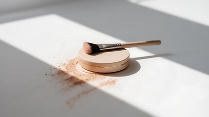 Softly lit makeup powder compact with brush and scattered pigment on white surface
