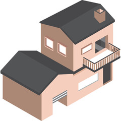 Isometric View of a Two-Story Pink Residential House with Attached Garage and Balcony