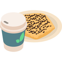 Isometric view of a square pancake with dark chocolate chips and a white paper cup with a blue band and green leaves icon on a transparent background