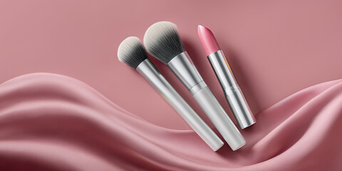 Makeup brushes and lipstick arranged elegantly on soft pink satin fabric with copy space
