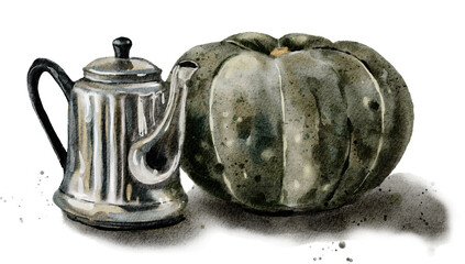 Hand-drawn illustration of teapot and dark green pumpkin