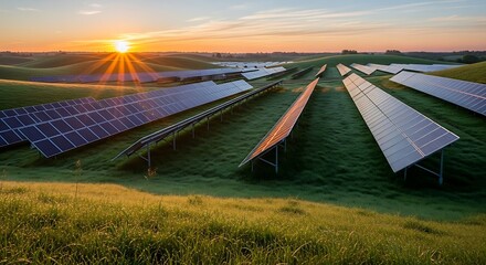 Solar Farm at Sunrise with Sun Rays