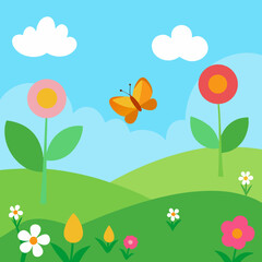 Cartoon Meadow with Flowers Vector Illustration 