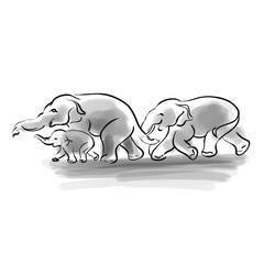 Artistic watercolor sketch of an elephant family walking together. Gentle gray tones with soft shading, symbolizing love, unity, and nature. Perfect for posters, prints, and children’s books.
