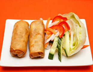 Two Crispy Asian Spring Rolls with Fresh Vegetable Side Salad