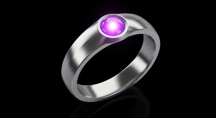 Sleek silver band features a glowing, luminous purple gemstone centerpiece against a dark background