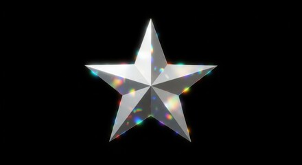 Highly polished metallic star shape exhibits brilliant spectral light refraction against a dark background
