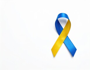 Brightly colored blue and yellow ribbon is folded into an awareness loop, placed on a clean white surface to symbolize support.