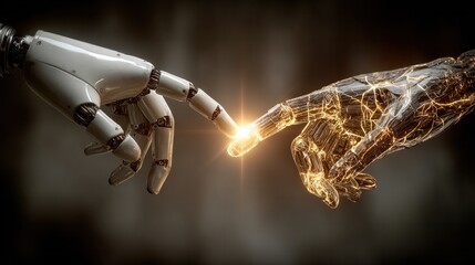 Touch of Innovation: The meeting of human and machine. Representing the fusion of humanity and cutting-edge technology. 
