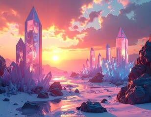Scenic fantasy landscape featuring crystal structures at sunset