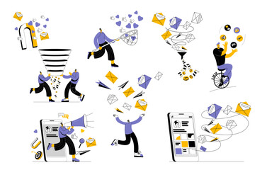 A set of vector illustrations on social media promotion. Attracting attention on social media. SMM management. Simple cartoon style.